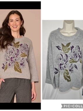 New Womens Democracy Grey Long Cuff Sleeve Floral Jacquard Sweater Wool Blend XL